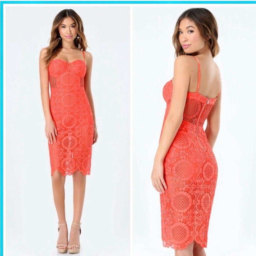 bebe Vibrant Coral Lace Midi Dress